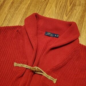Polo Ralph Lauren Cardigan Sweater Men XL Red Shawl Collar Wood Toggle Cotton